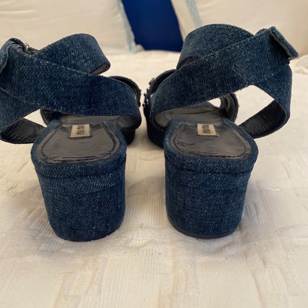 Miu Miu Denim Crystal Chunky Heel Sandals 7* - Picture 10 of 12